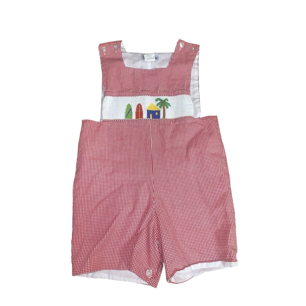 Silly Goose Boys Hand Smocked Jonjon Surfboard Beach Themed Sz 4t Red Gingham
